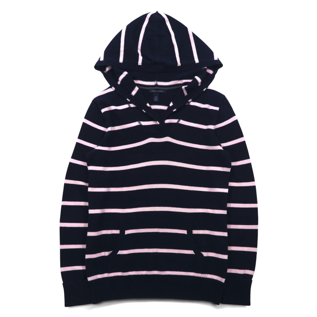 TOMMY HILFIGER コットン ニット パーカー S ネイビー ボーダー エルボーパッチ フロントポケット