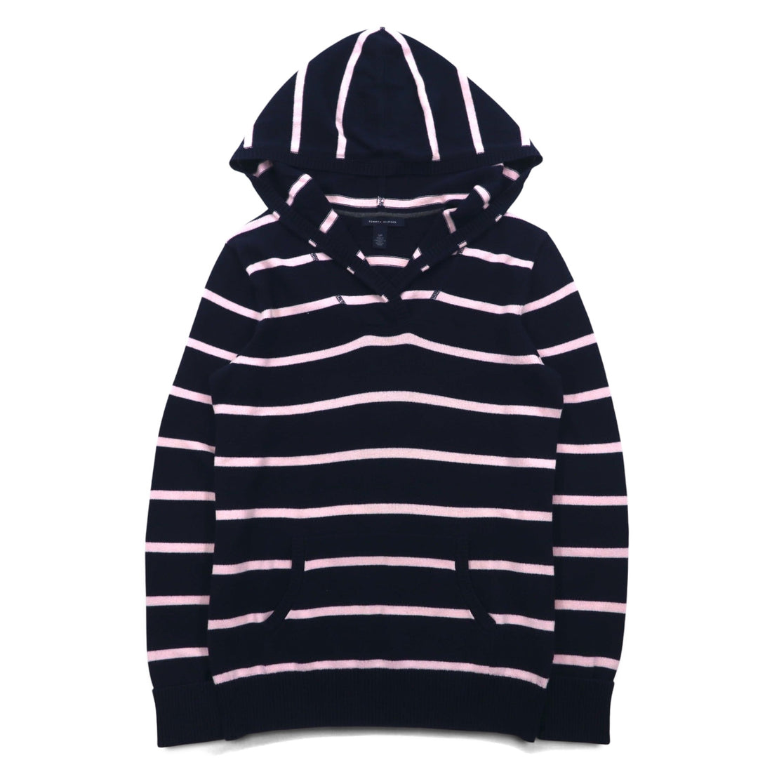 TOMMY HILFIGER コットン ニット パーカー S ネイビー ボーダー エルボーパッチ フロントポケット