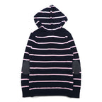 TOMMY HILFIGER コットン ニット パーカー S ネイビー ボーダー エルボーパッチ フロントポケット
