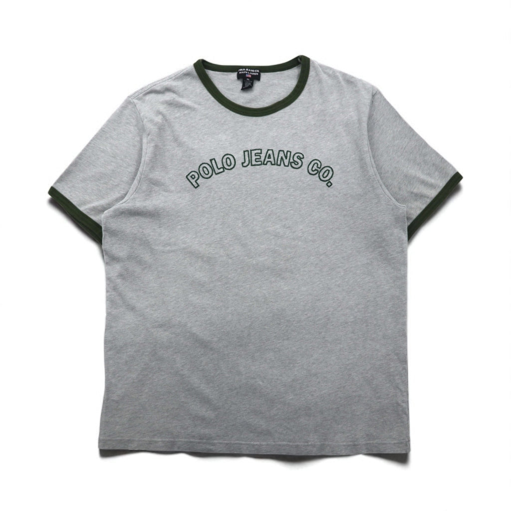 POLO JEANS Co. RALPH LAUREN 90s Arch Logo Ringer T-Shirt, Size XL, Gray, Embroidered Chainstitch Cotton