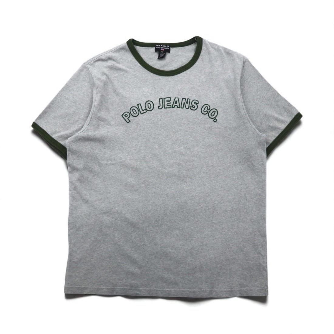 POLO JEANS Co. RALPH LAUREN 90s Arch Logo Ringer T-Shirt, Size XL, Gray, Embroidered Chainstitch Cotton