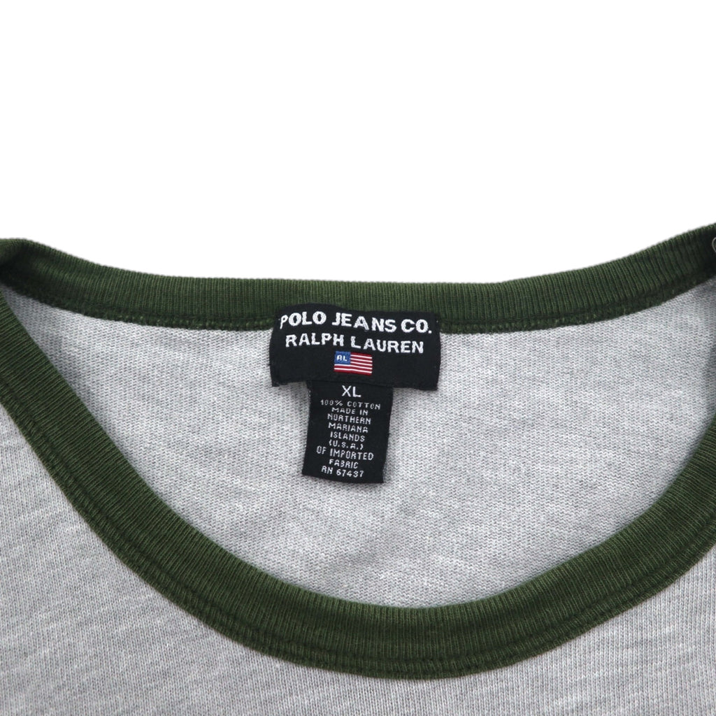 POLO JEANS Co. RALPH LAUREN 90s Arch Logo Ringer T-Shirt, Size XL, Gray, Embroidered Chainstitch Cotton