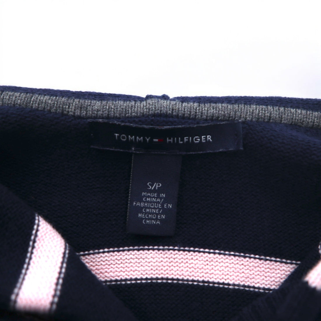 TOMMY HILFIGER コットン ニット パーカー S ネイビー ボーダー エルボーパッチ フロントポケット