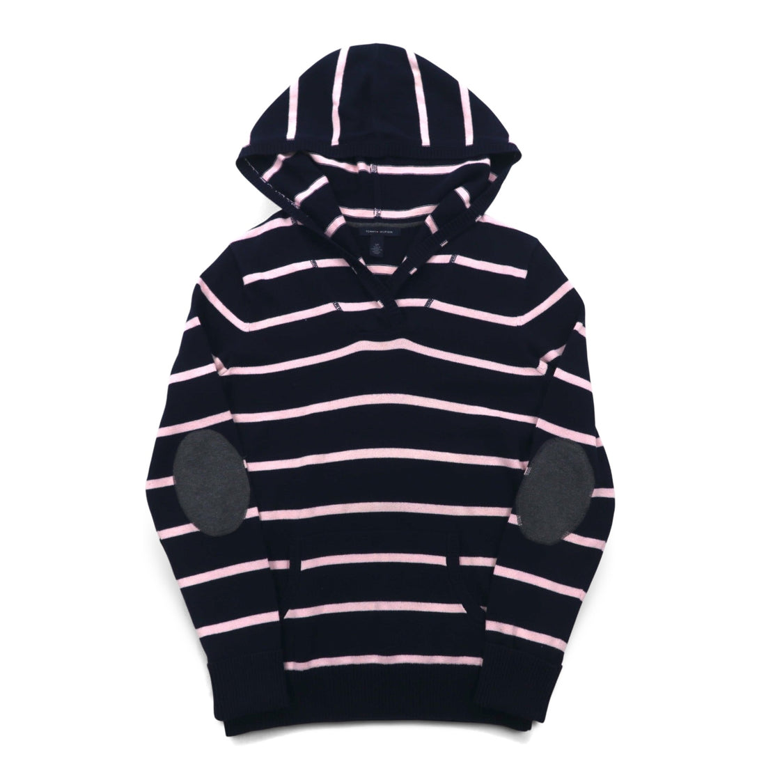 TOMMY HILFIGER コットン ニット パーカー S ネイビー ボーダー エルボーパッチ フロントポケット