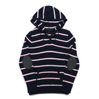 TOMMY HILFIGER コットン ニット パーカー S ネイビー ボーダー エルボーパッチ フロントポケット