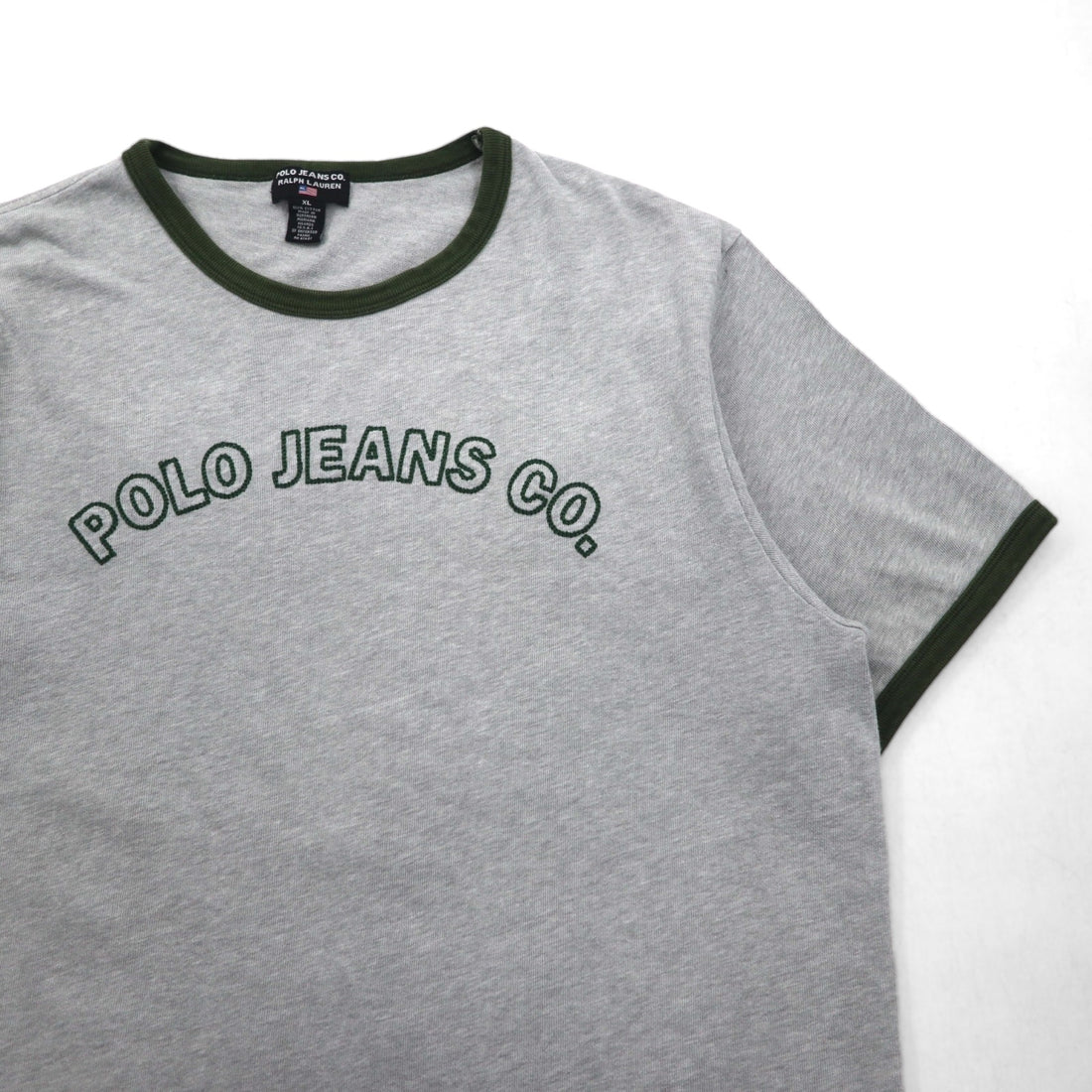 POLO JEANS Co. RALPH LAUREN 90s Arch Logo Ringer T-Shirt, Size XL, Gray, Embroidered Chainstitch Cotton