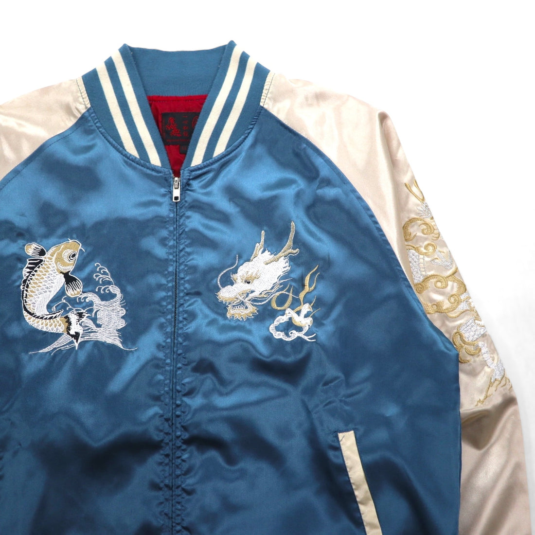 Isshinjokyo Sukajan Souvenir Jacket, XL, Blue, Polyester, Dragon and Carp Wave Embroidery