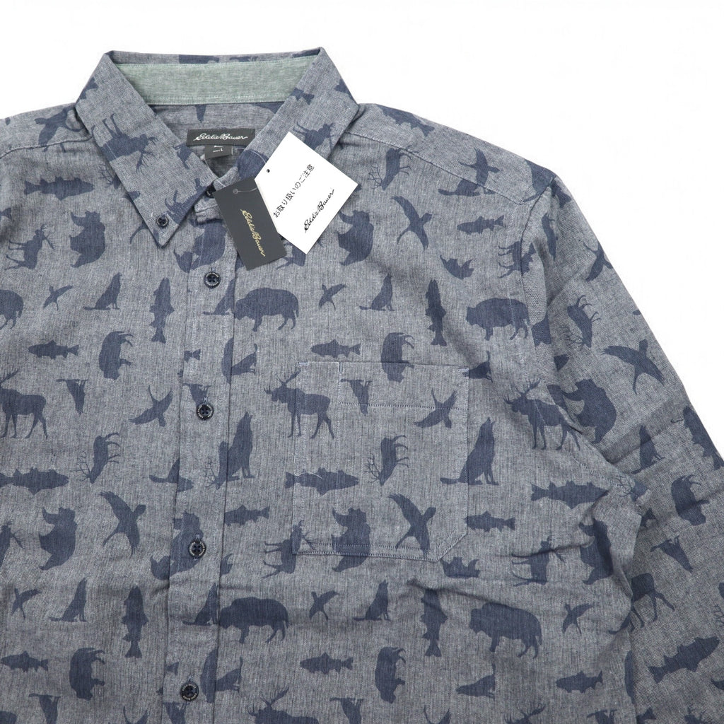 Eddie Bauer Button-down Shirt L Navy Cotton All-over Animal Pattern Unused