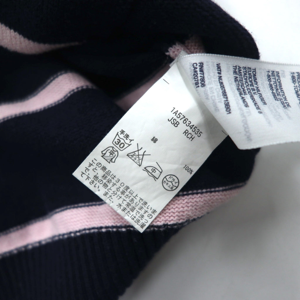 TOMMY HILFIGER コットン ニット パーカー S ネイビー ボーダー エルボーパッチ フロントポケット