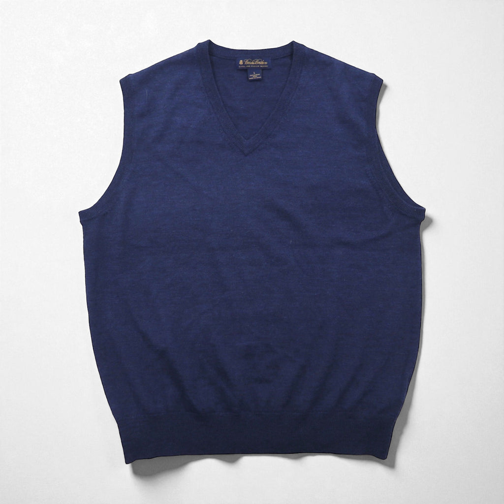 Brooks Brothers Merino Wool Knit V-Neck Vest, Large, Navy, Extra Fine Italian Merino