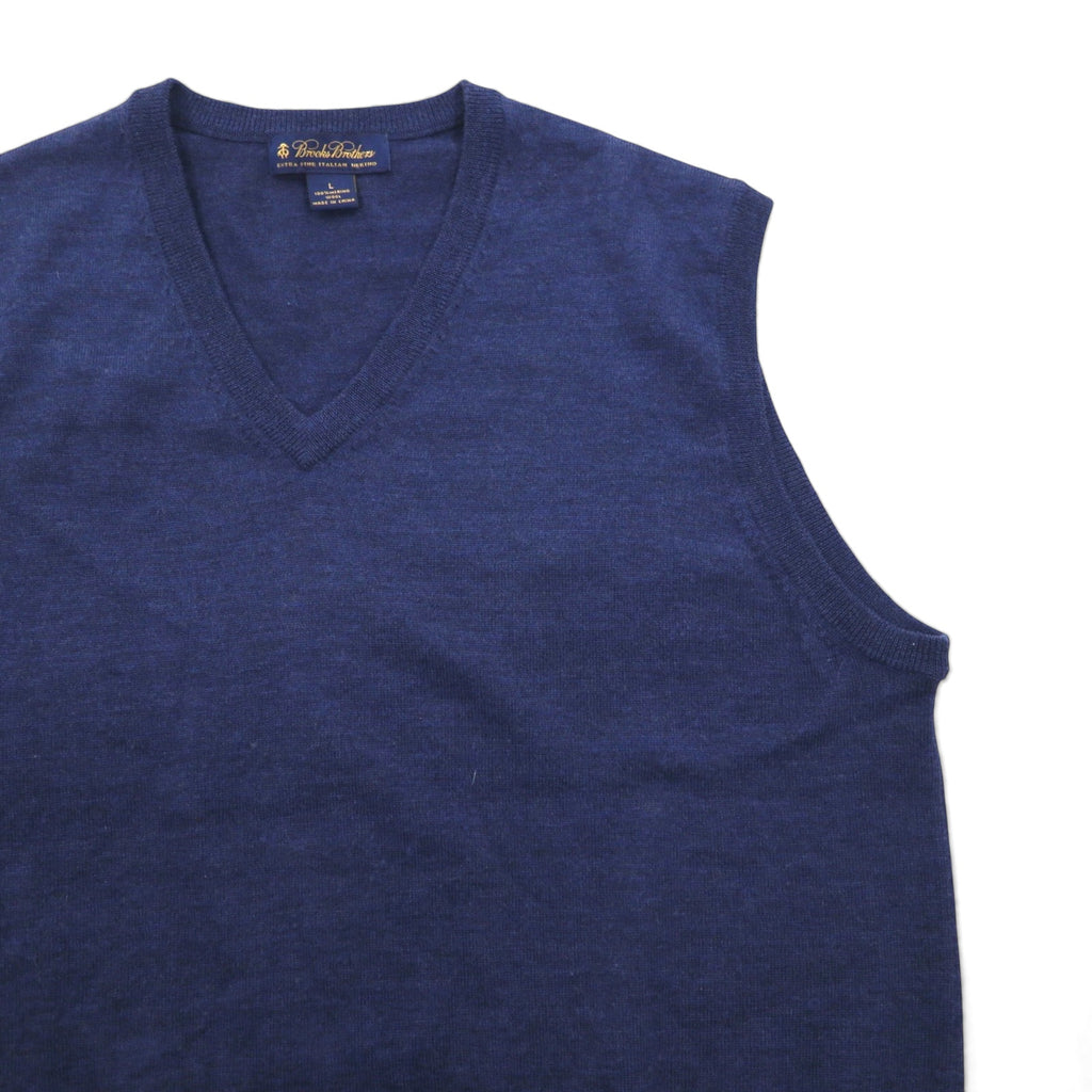 Brooks Brothers Merino Wool Knit V-Neck Vest, Large, Navy, Extra Fine Italian Merino