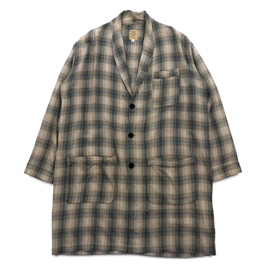 Sunday Works USA Made Gown Coat S Khaki Check Cotton UNION MADE