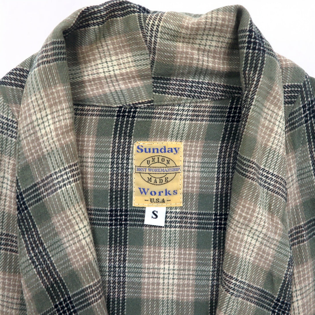 Sunday Works USA Made Gown Coat S Khaki Check Cotton UNION MADE