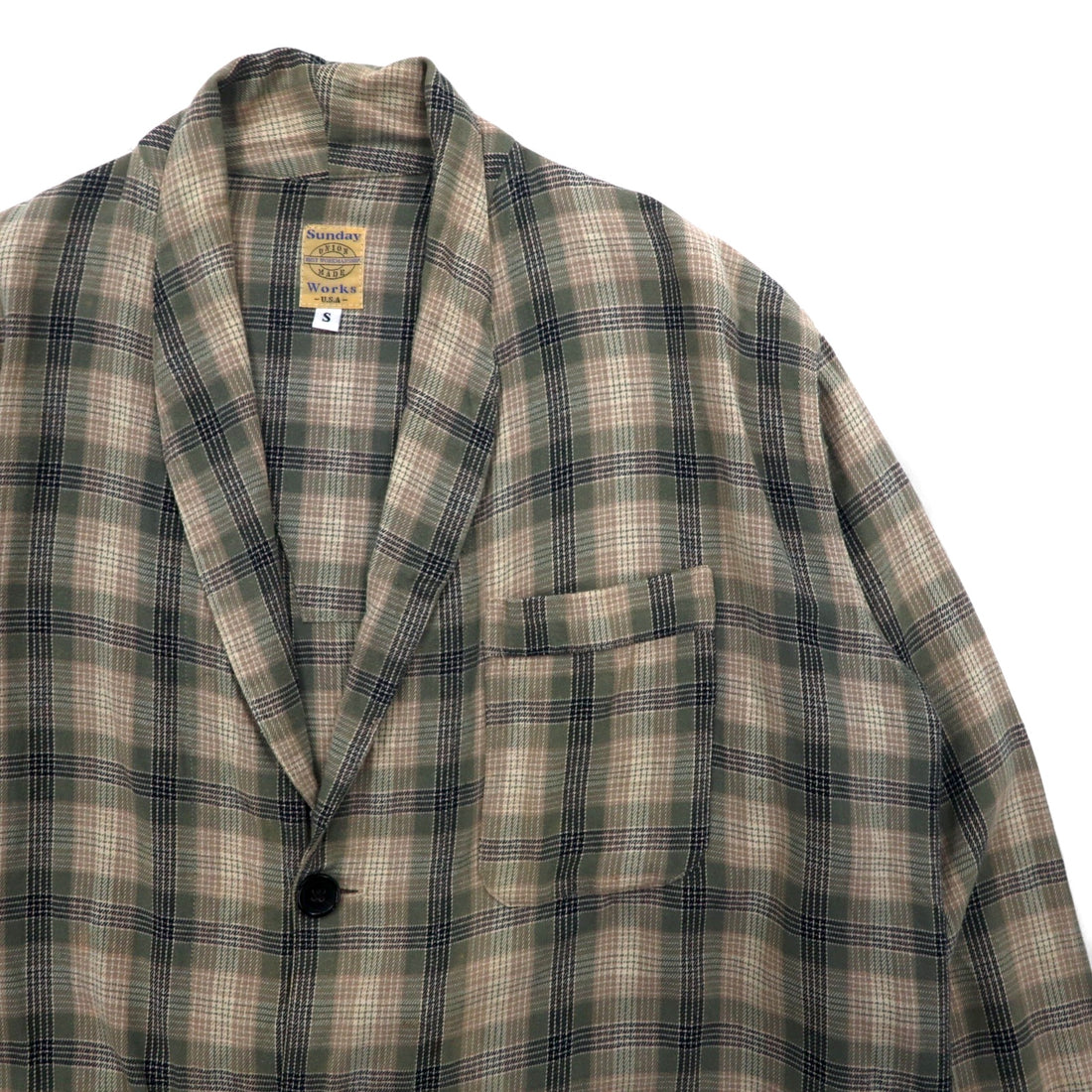 Sunday Works USA Made Gown Coat S Khaki Check Cotton UNION MADE