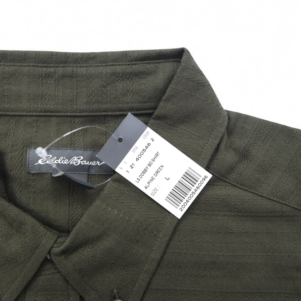 Eddie Bauer ドビー織 ボタンダウンシャツ L カーキ コットン 総柄 未使用品