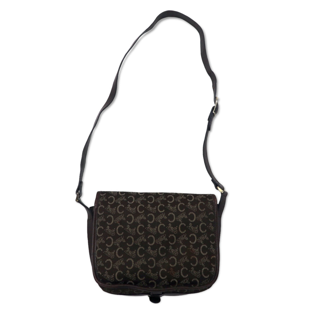 CELINE Made in Italy Old C Macadam Shoulder Bag Brown Canvas Leather Saluki Carriage