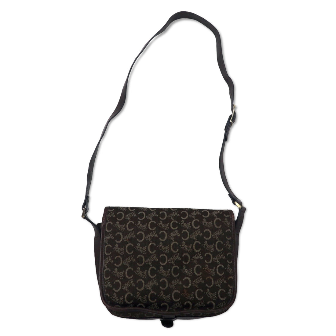 CELINE Made in Italy Old C Macadam Shoulder Bag Brown Canvas Leather Saluki Carriage