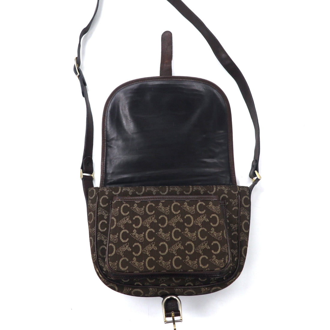 CELINE Made in Italy Old C Macadam Shoulder Bag Brown Canvas Leather Saluki Carriage