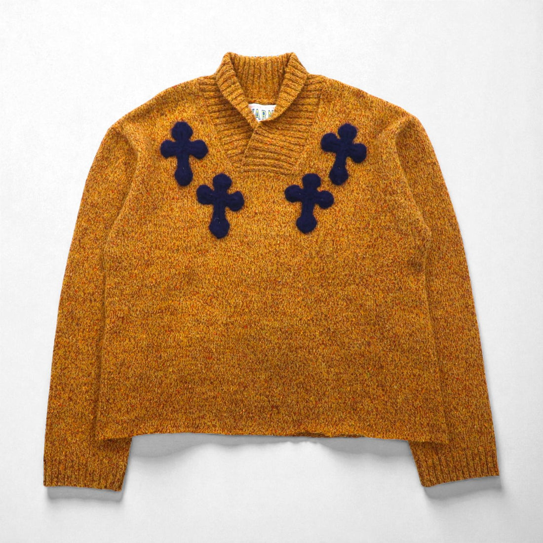 YARN Crochet Knit CROSS-PATCH Shawl Collar Sweater, Size L, Brown, 3D Cross Knit Motif