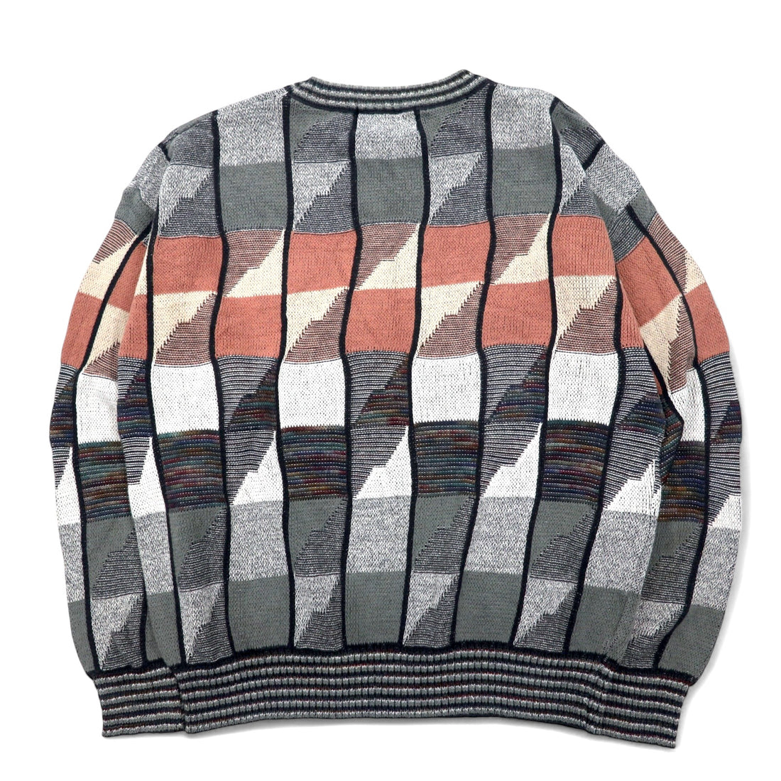 LONDON FOG 90s USA made low gauge all-over print knit sweater M grey multicolor cotton color block