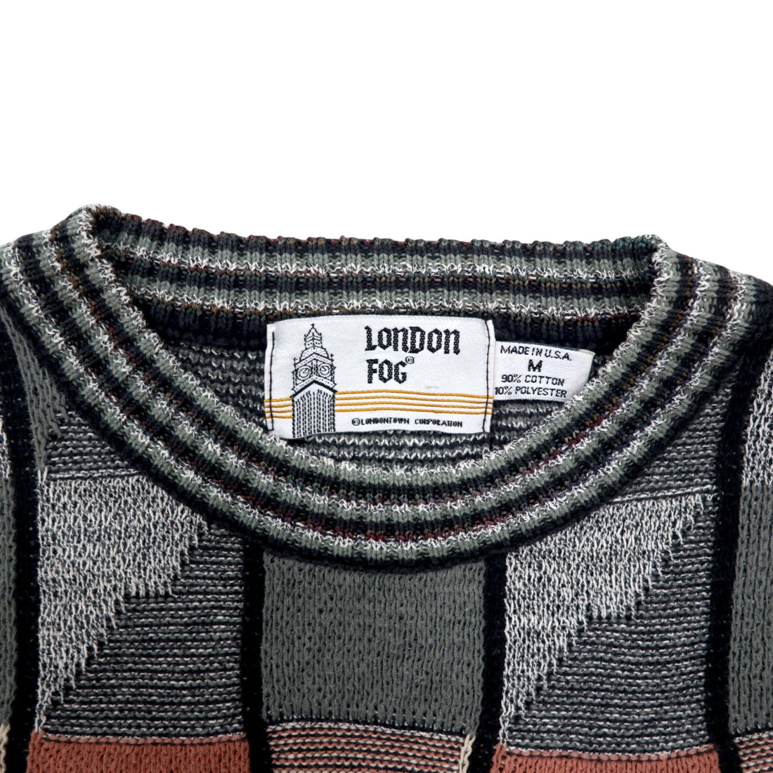 LONDON FOG 90s USA made low gauge all-over print knit sweater M grey multicolor cotton color block