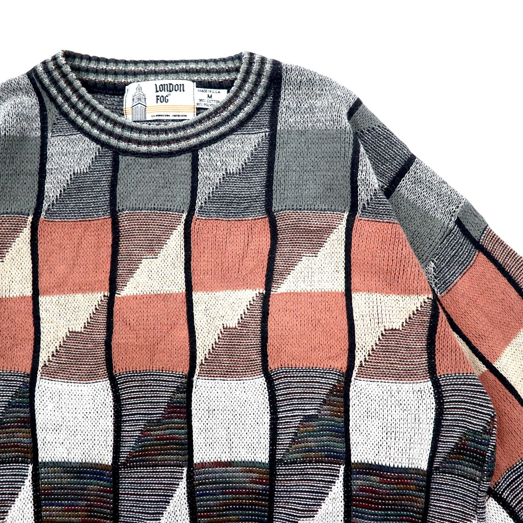 LONDON FOG 90s USA made low gauge all-over print knit sweater M grey multicolor cotton color block