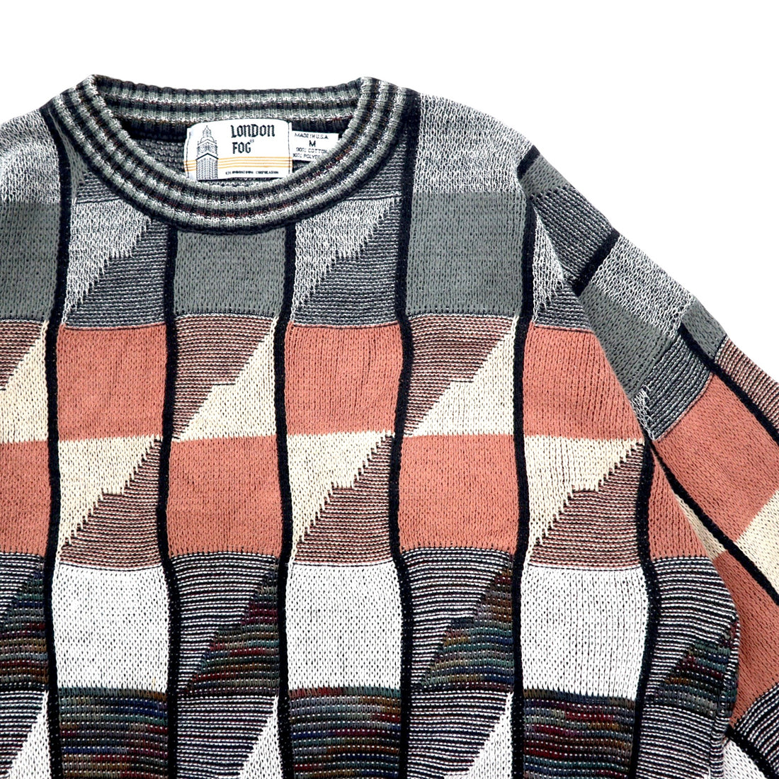 LONDON FOG 90s USA made low gauge all-over print knit sweater M grey multicolor cotton color block
