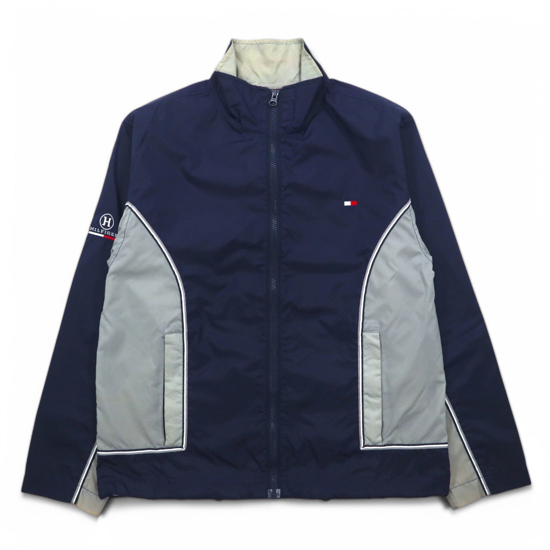 TOMMY HILFIGER 90s Stand Collar Nylon Jacket M Navy Grey Reflective Lines