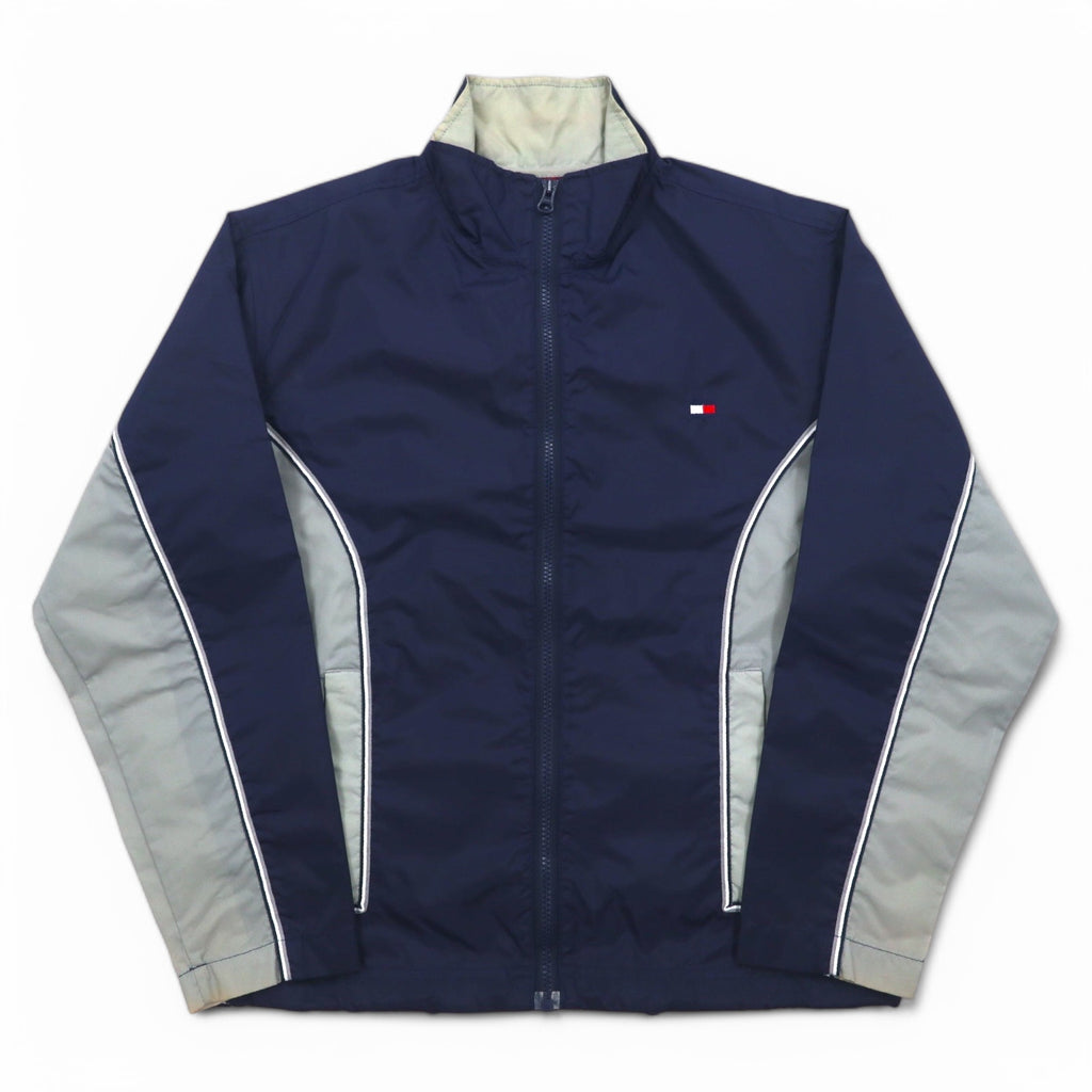 TOMMY HILFIGER 90s Stand Collar Nylon Jacket M Navy Grey Reflective Lines