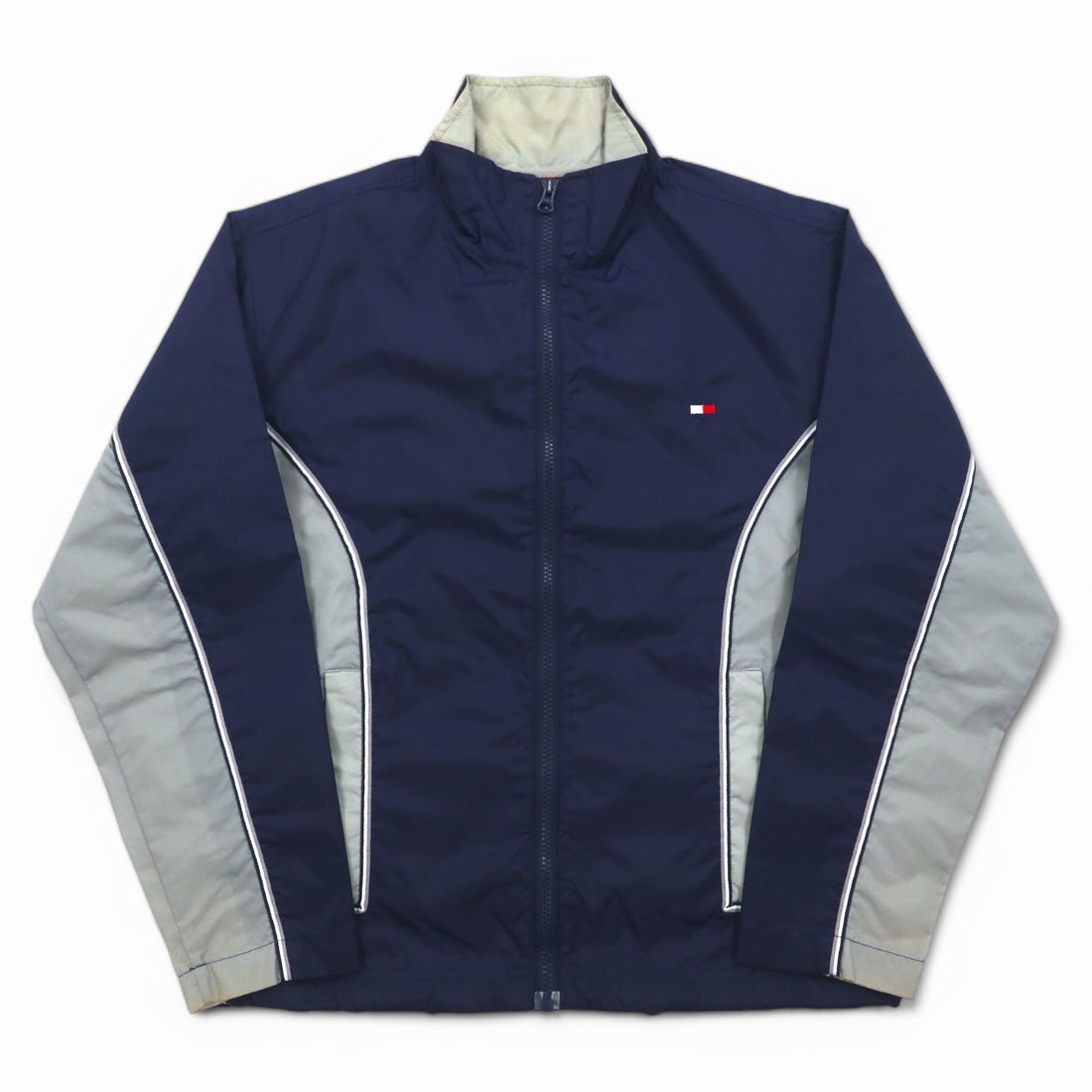 TOMMY HILFIGER 90s Stand Collar Nylon Jacket M Navy Grey Reflective Lines
