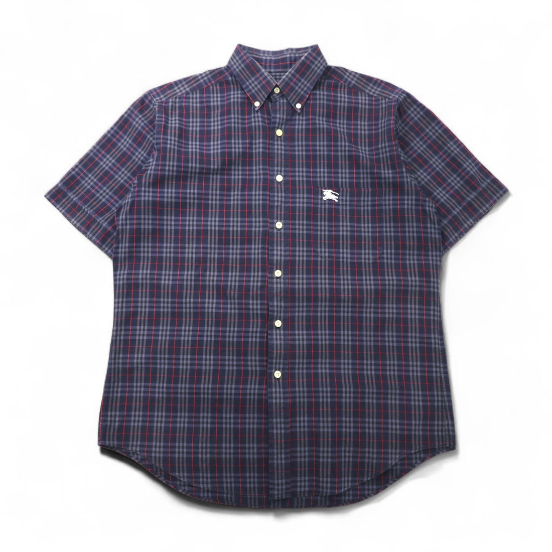 Burberry's Nova Check Short Sleeve Button-Down Shirt, Size M, Navy, with Chest Pocket and Embroidered Logo