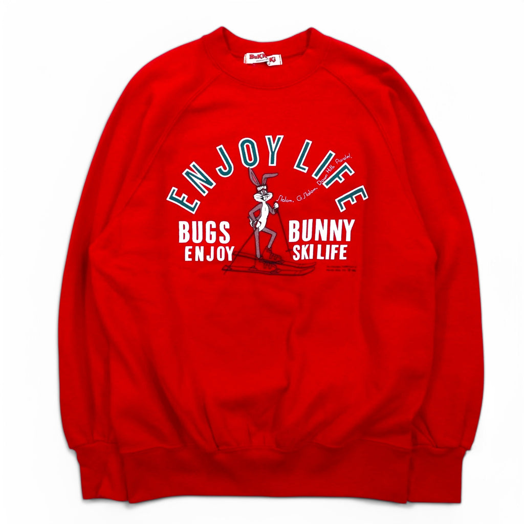 Warner Bros 80s BUGS BUNNY Character Print Sweatshirt S Red Cotton Bukky-Aki