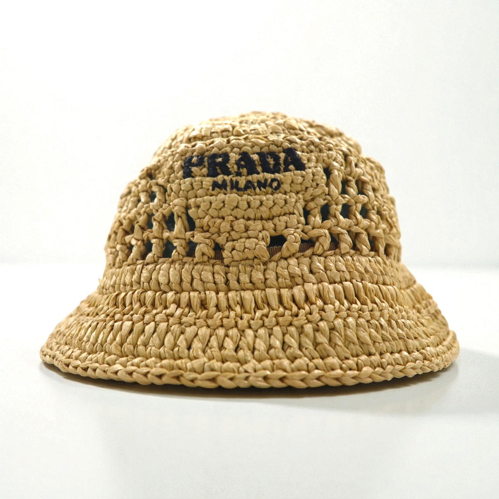 PRADA Natural Crochet Bucket Hat in Beige Raffia, 1HC137 2A2T, Made in Italy