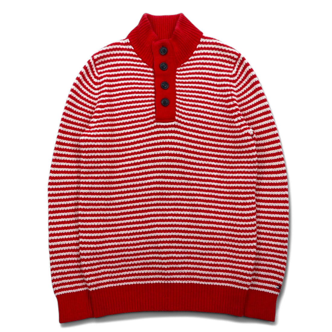 TOMMY HILFIGER Half-Button Waffle Knit Sweater L Red Border Low Gauge
