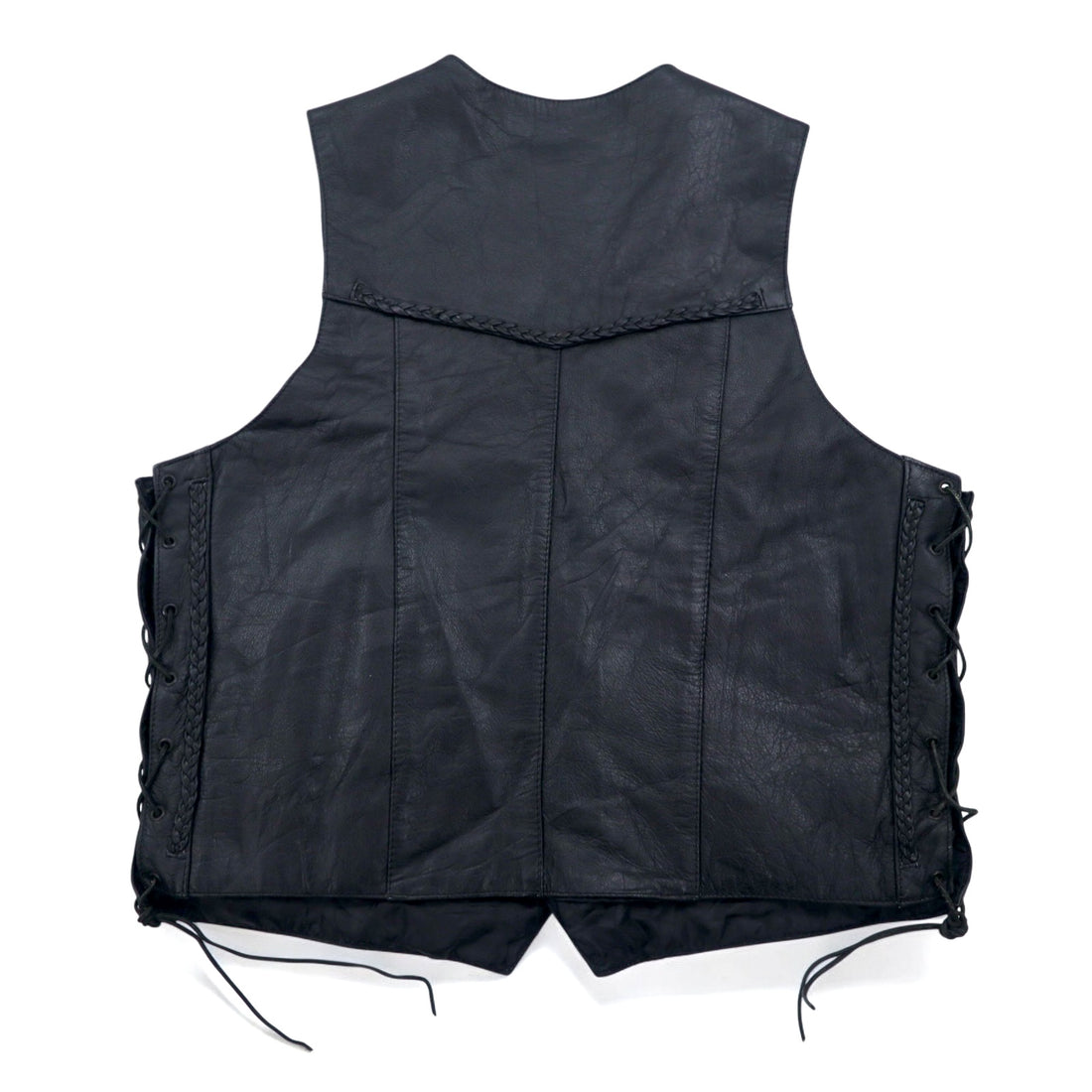 90s UNIK Leather Apparel Leather Vest Biker Vest XL Black Snap Button Lace-up