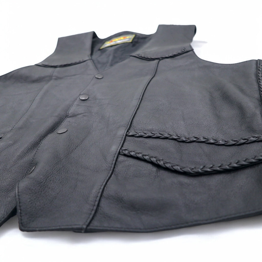 90s UNIK Leather Apparel Leather Vest Biker Vest XL Black Snap Button Lace-up