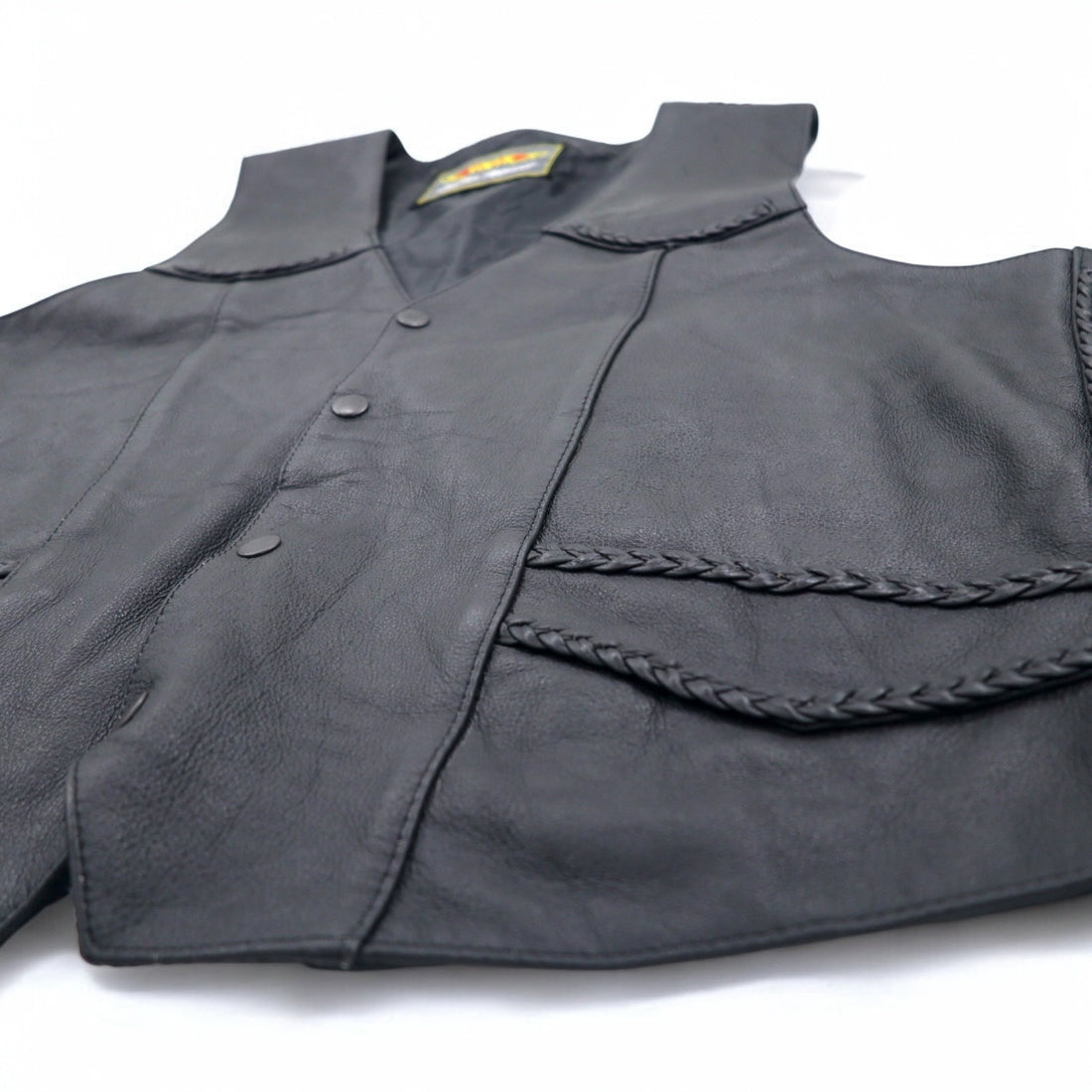 90s UNIK Leather Apparel Leather Vest Biker Vest XL Black Snap Button Lace-up