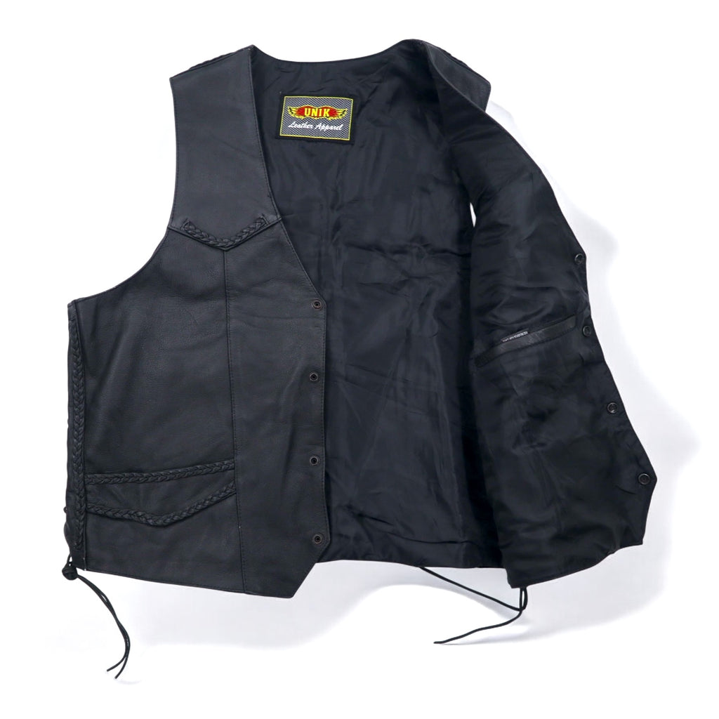 90s UNIK Leather Apparel Leather Vest Biker Vest XL Black Snap Button Lace-up