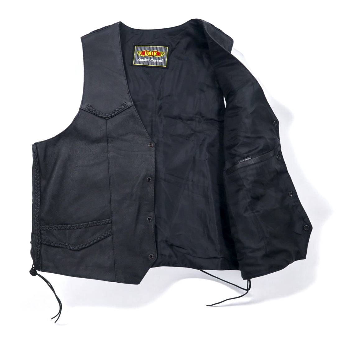 90s UNIK Leather Apparel Leather Vest Biker Vest XL Black Snap Button Lace-up