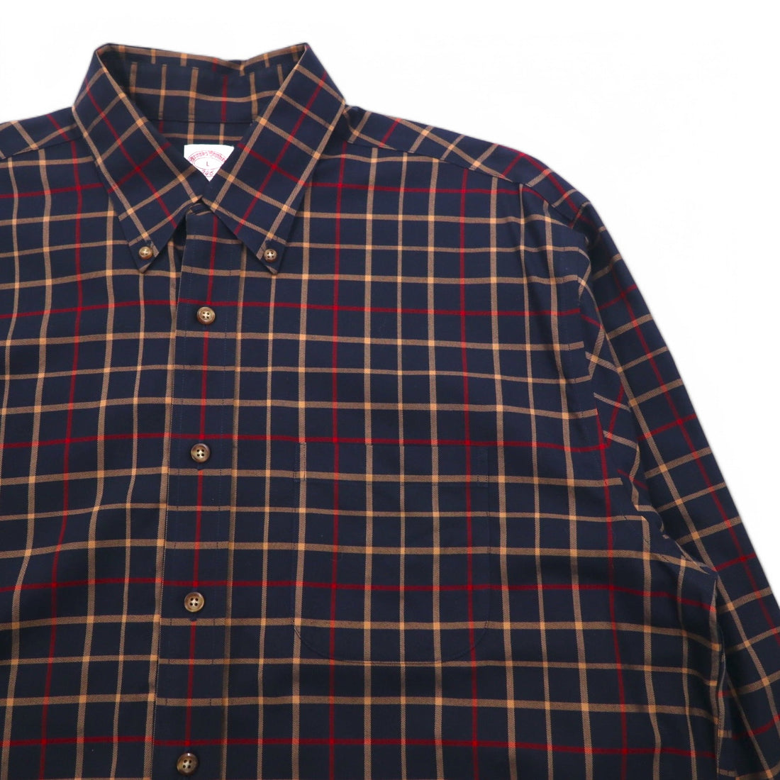 Brooks Brothers 346 Button-Down Shirt, Large, Navy, Check, Cotton, Big Size, Non-Iron