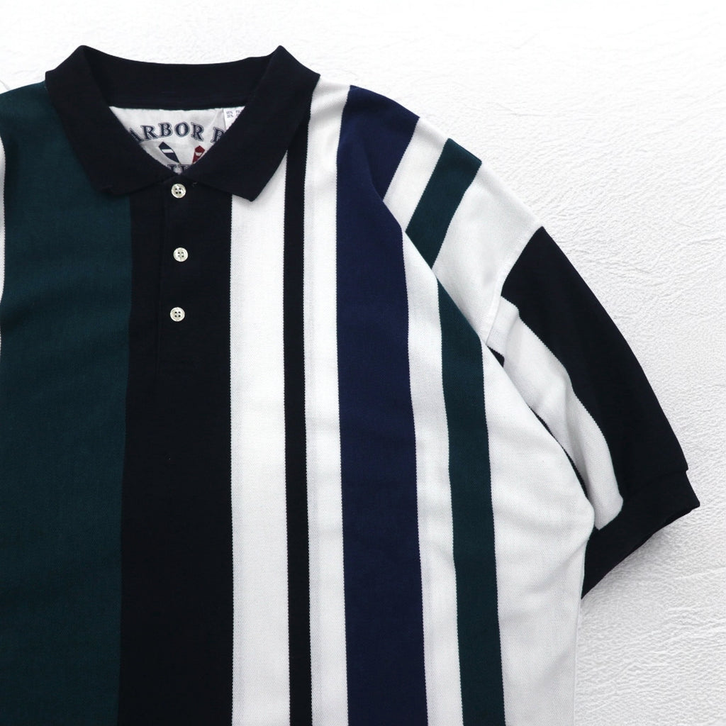 90s HARBOR BAY Multi-Stripe Polo Shirt 4XL BIG Navy Cotton Big Size
