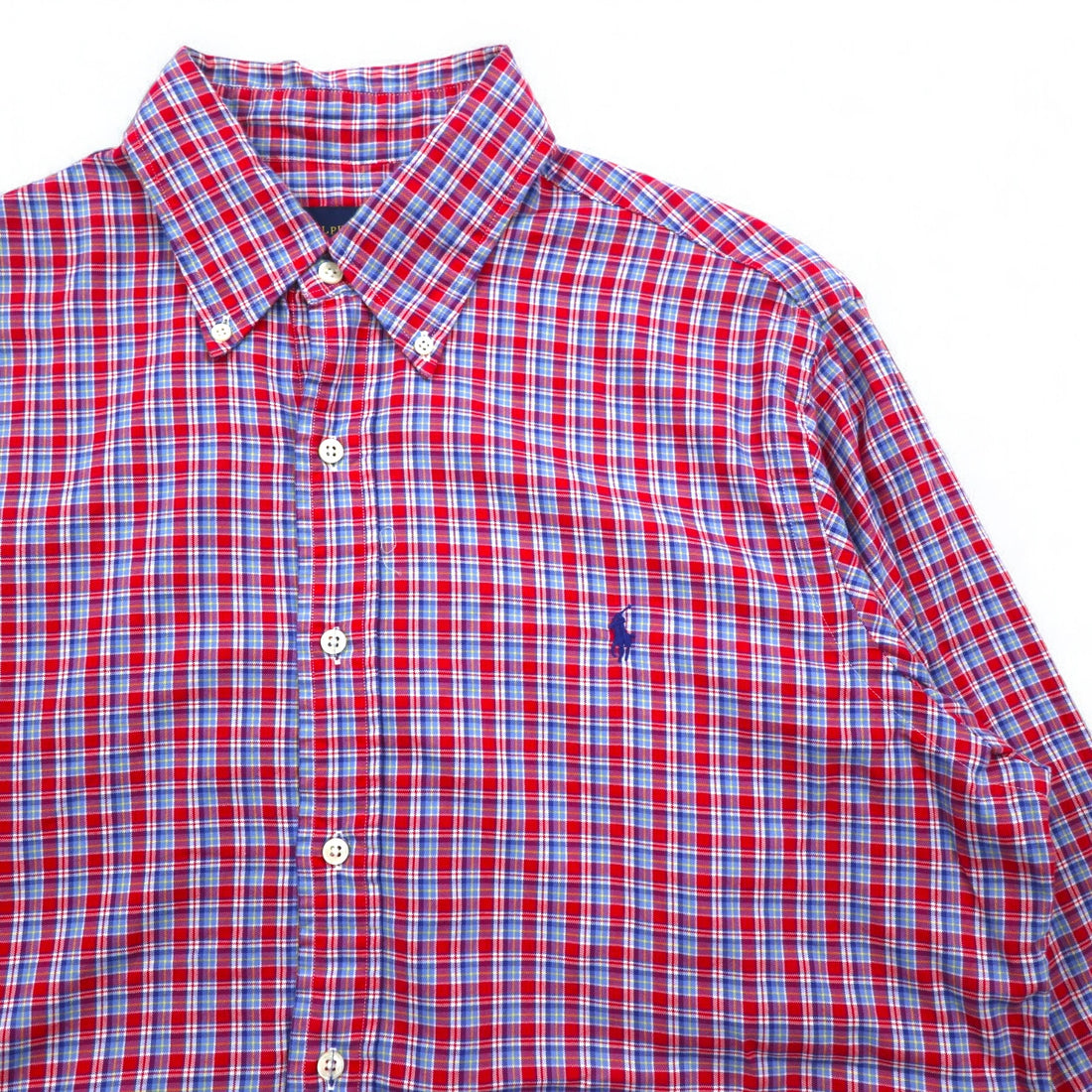 RALPH LAUREN Button-down shirt L Blue Red Check Cotton Small pony embroidery