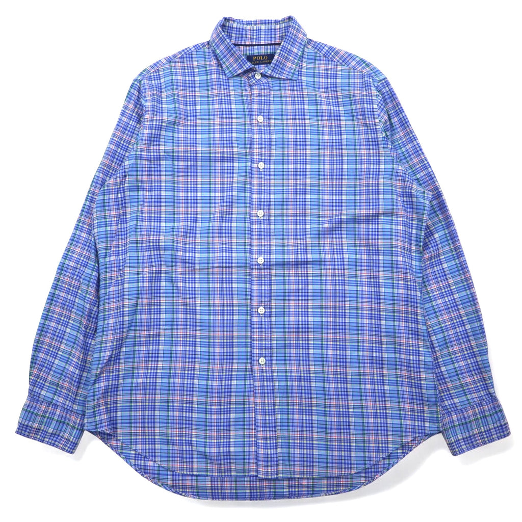 POLO RALPH LAUREN Wide Collar Dress Shirt L Blue Check Cotton