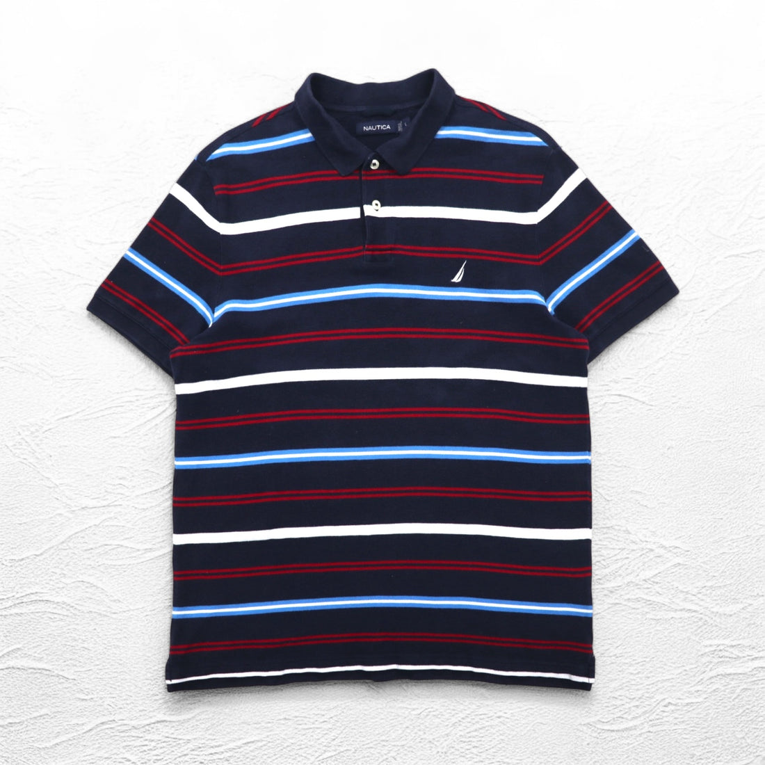 NAUTICA Striped Polo Shirt L Navy Cotton Pique One Point Logo Embroidery