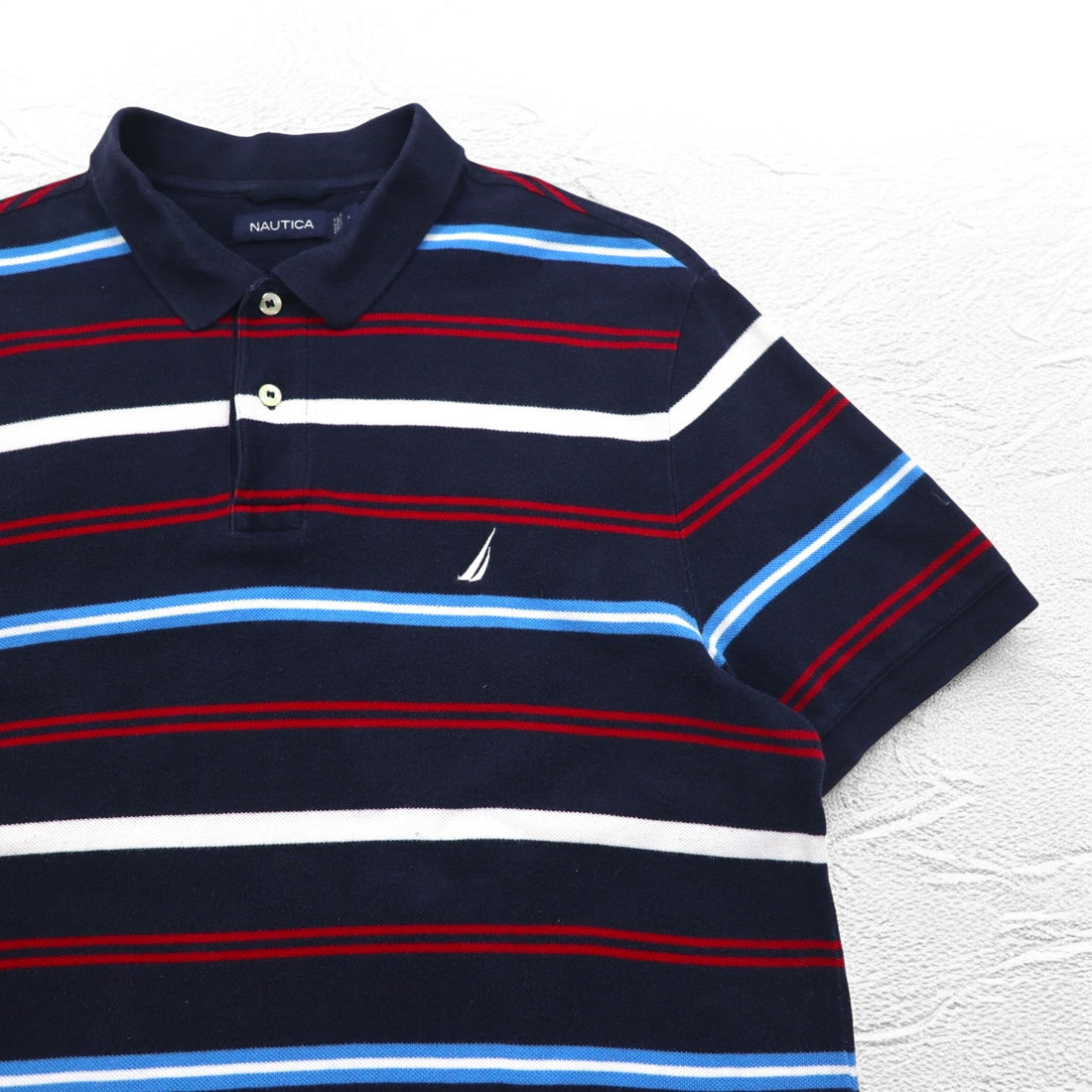 NAUTICA Striped Polo Shirt L Navy Cotton Pique One Point Logo Embroidery