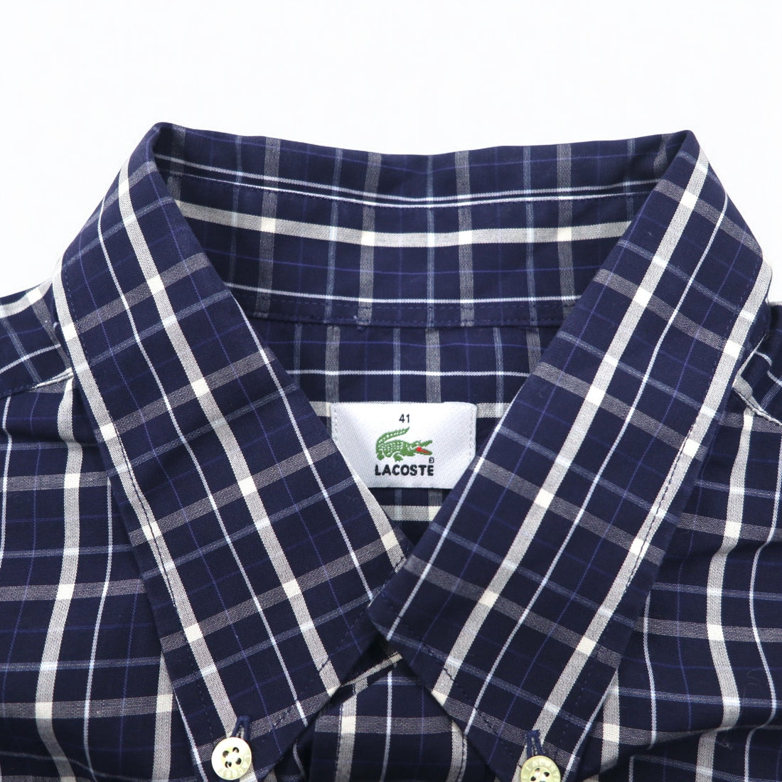 LACOSTE button-down Shirts L Navy Checked Cotton DEVANLAY Made F5182