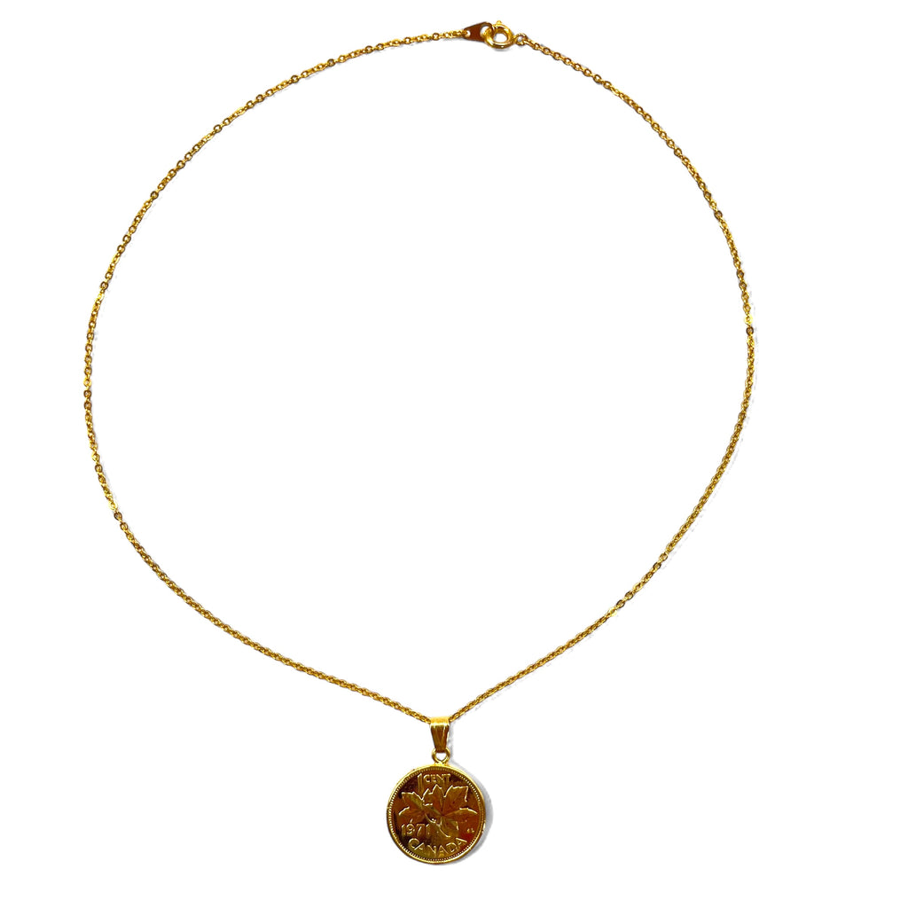 Vintage Canadian Coin Necklace Canadian Maple Leaf Coin Necklace Pendant 1 Cent Coin Gold Elizabeth XI