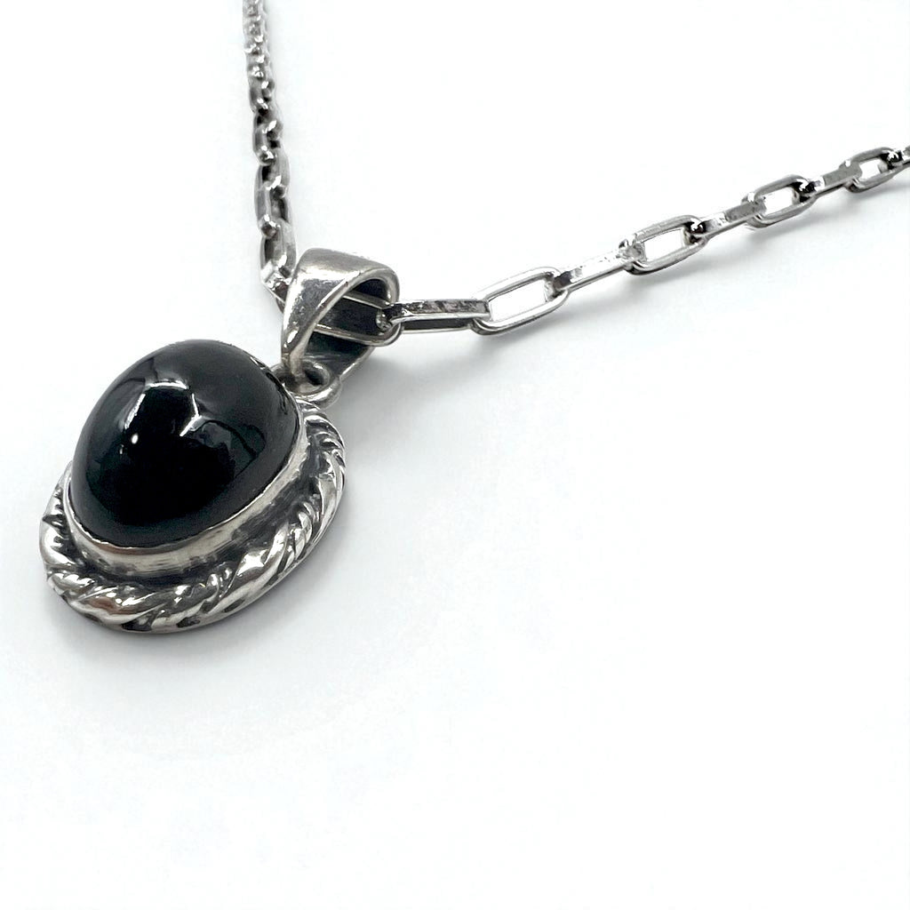Vintage Silver Black Onyx Necklace, Indian Jewelry, Black Onyx Hopi Chain Necklace Pendant, Silver 925, R Stamp