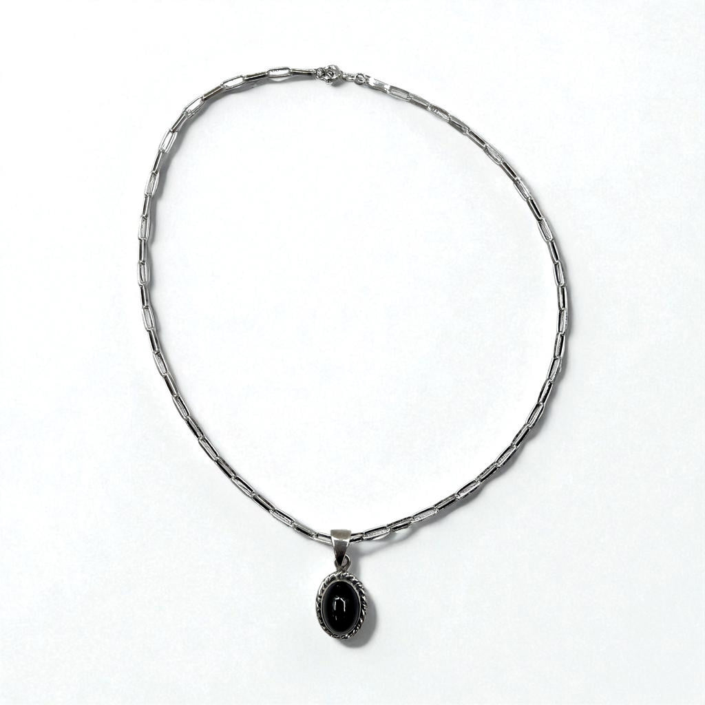 Vintage Silver Black Onyx Necklace, Indian Jewelry, Black Onyx Hopi Chain Necklace Pendant, Silver 925, R Stamp