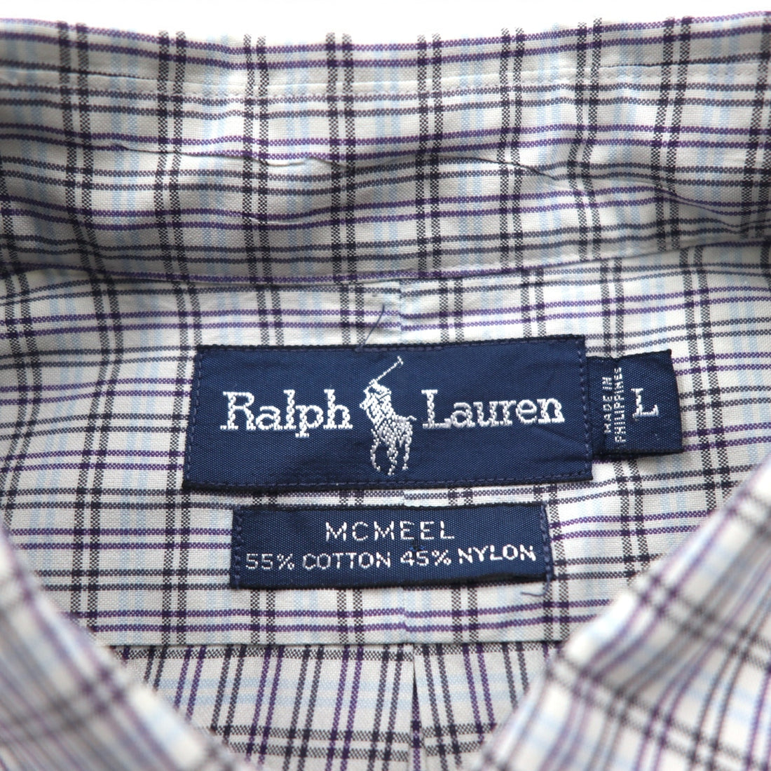 RALPH LAUREN 90s MCMEEL Big Size Button Down Shirt L Blue Check Small Pony Embroidery